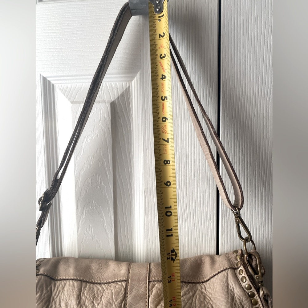 Bayside Made in Italy Beige/Taupe Pebbled Leather Studded Postman Shoulder Bag - Picture 16 of 16